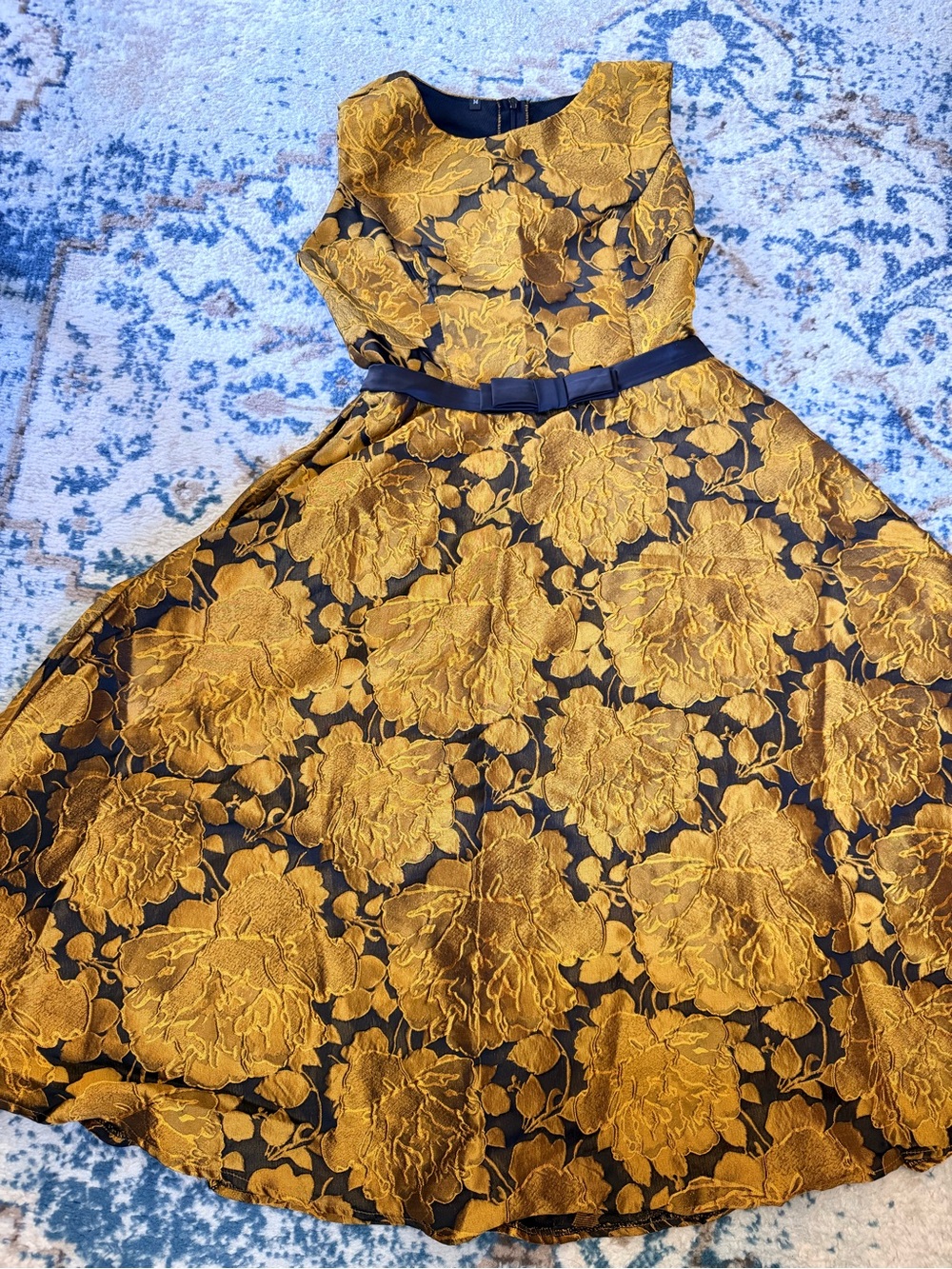 Gold Floral Fit-and-Flare Midi Dress with Black Belt